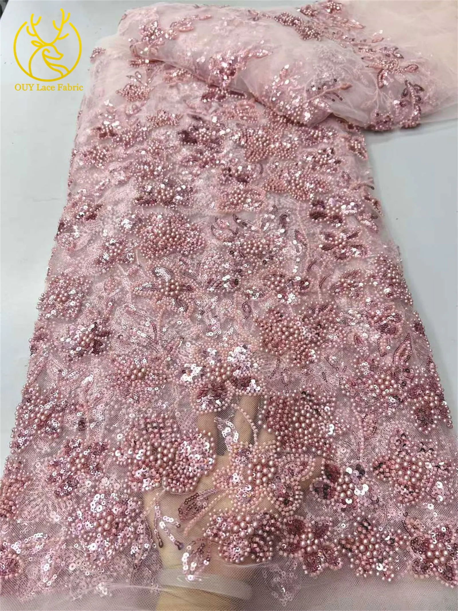 Grüner afrikanischer Perlen-Tüll-Spitzenstoff 2026 Hochwertiger nigerianischer Pailletten-Spitzenstoff, ideal für Partykleider und Hochzeitskleider – Detail 12