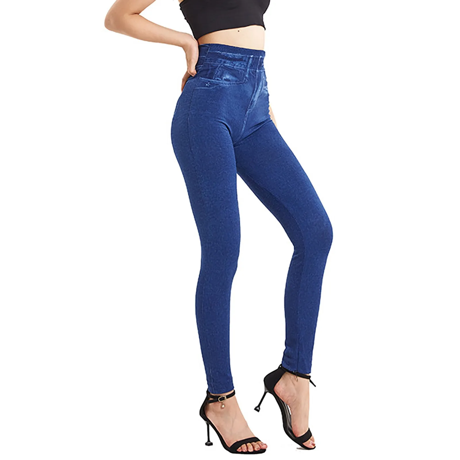 Seamless Slim Women Faux Denim Jeans Leggings Fitness Workout Pocket Printing Summer Casual Pencil Pants Sports Jeggings