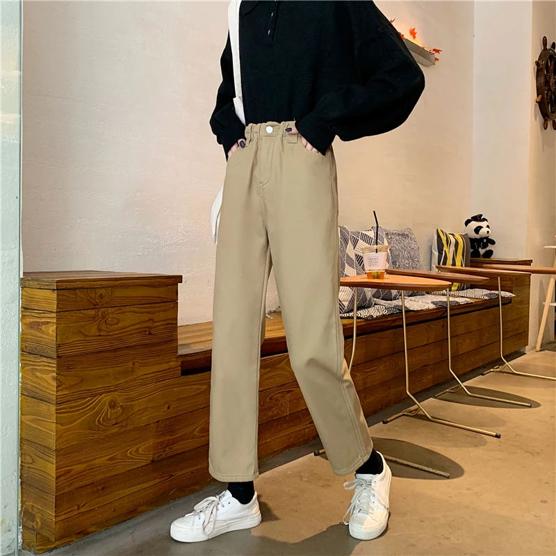 Jeans Women Velvet Thicker Khaki High Waist Zipper Elastic Straight Simple School All-match Womens Trousers Chic Harajuku Mujer