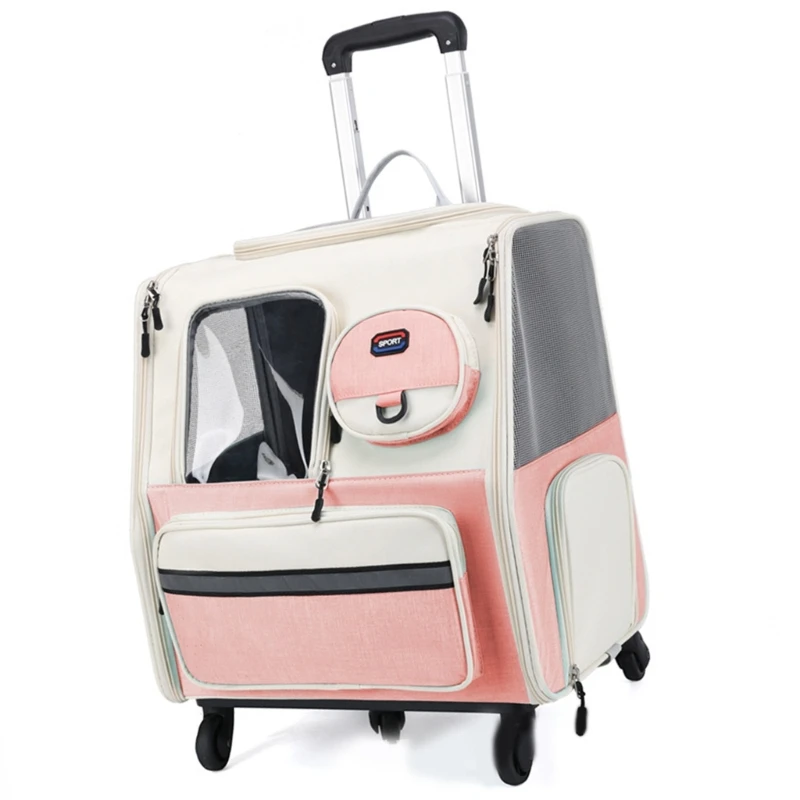 Detachable Dog Trolleys Case Large Folded Pet Bag Cats Travel Carriers Bag with Telescopically Handle Shoulder Straps