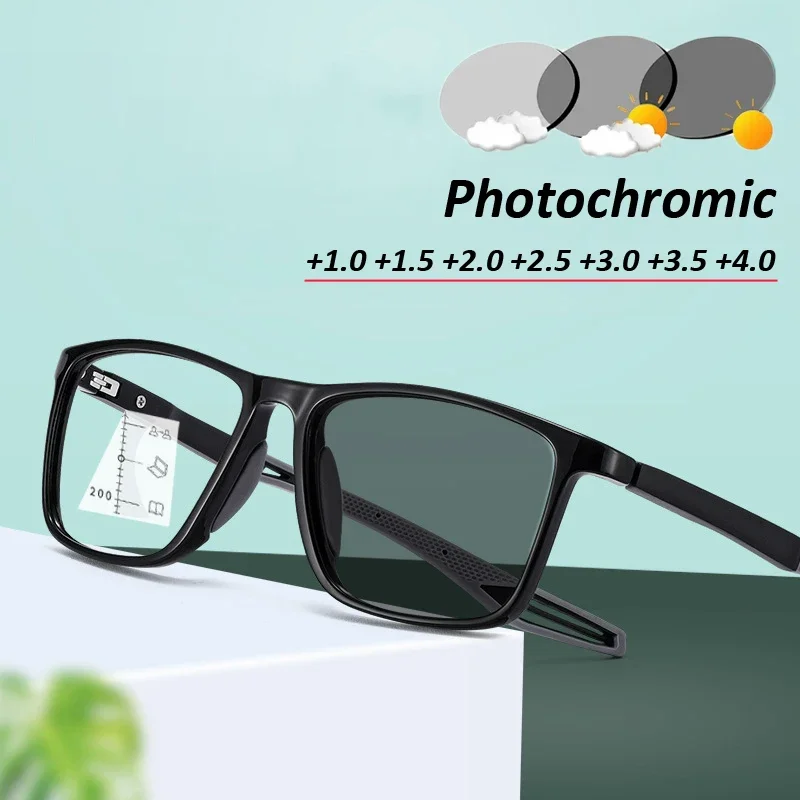 Vintage TR90 Photochromic Reading Glasses Anti Blue Light Multifocal Presbyopia Eyeglasses Color Changing Far Near Sight Eyewear