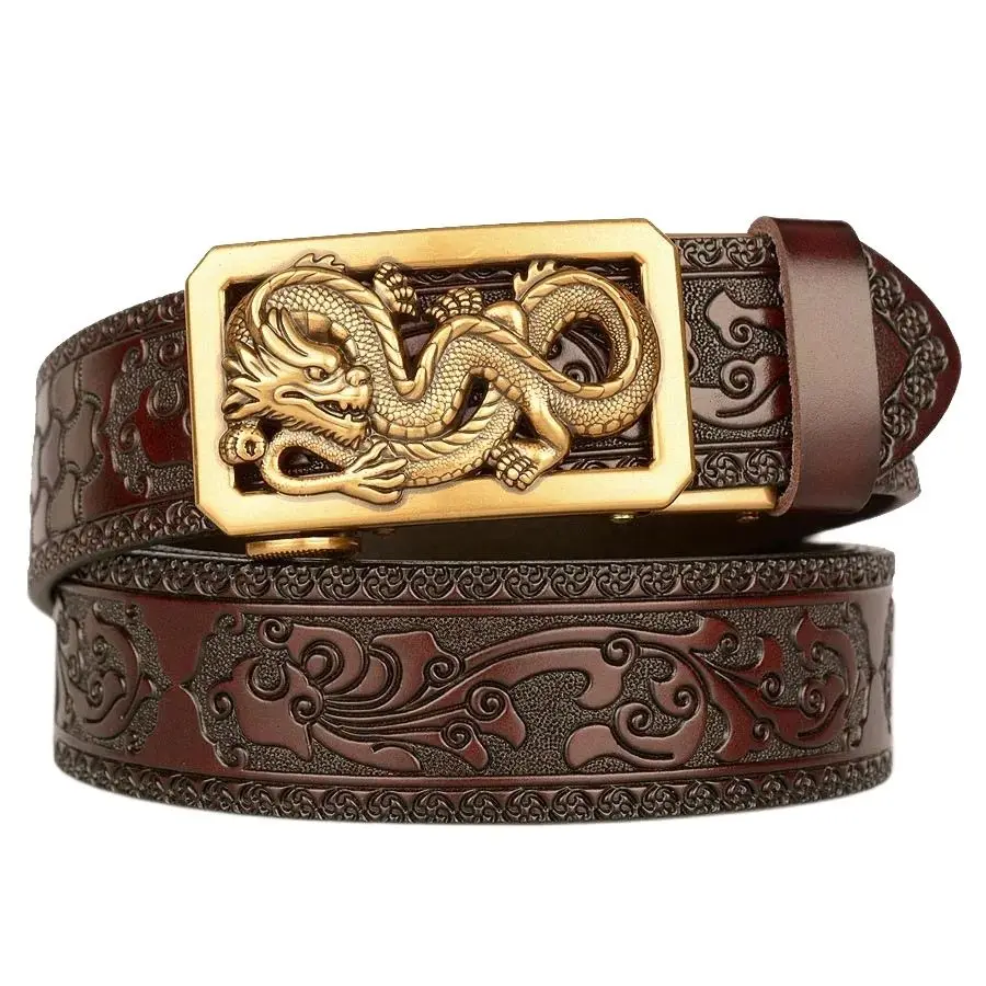 

Мужской ремень из натуральной кожи, роскошный золотой дракон, металлическая автоматическая пряжка, ремни из воловьей кожи для мужчин, джинсовый пояс, мужской ремень