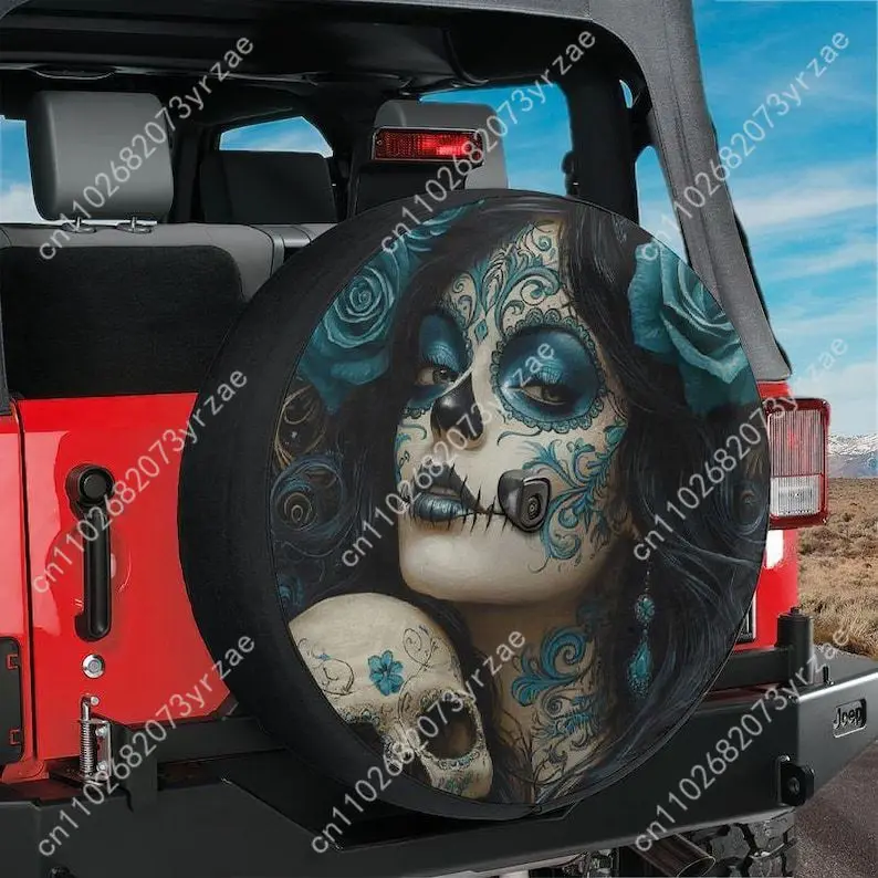 

Turquoise Día de los Muertos Skull Spare Car Tire Cover Prevention Sand Dust rainwaterTire Cover Sturdy Durable Tire Covers