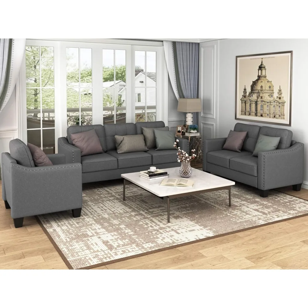 Living room furniture set with modern style button down plush sofa, including 3 sofas, 1 double seat, and 1 armchair