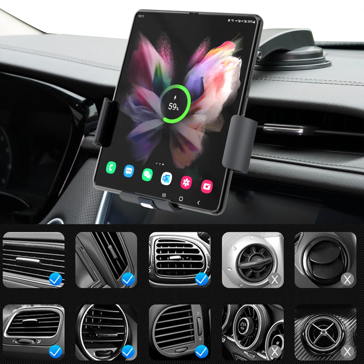 15W Car Wireless Charger Dual Coil Phone Holder For Samsung Galaxy Z Fold 4 3 2 iPhone 14 13 Pro Max Fold Screen Fast Charging