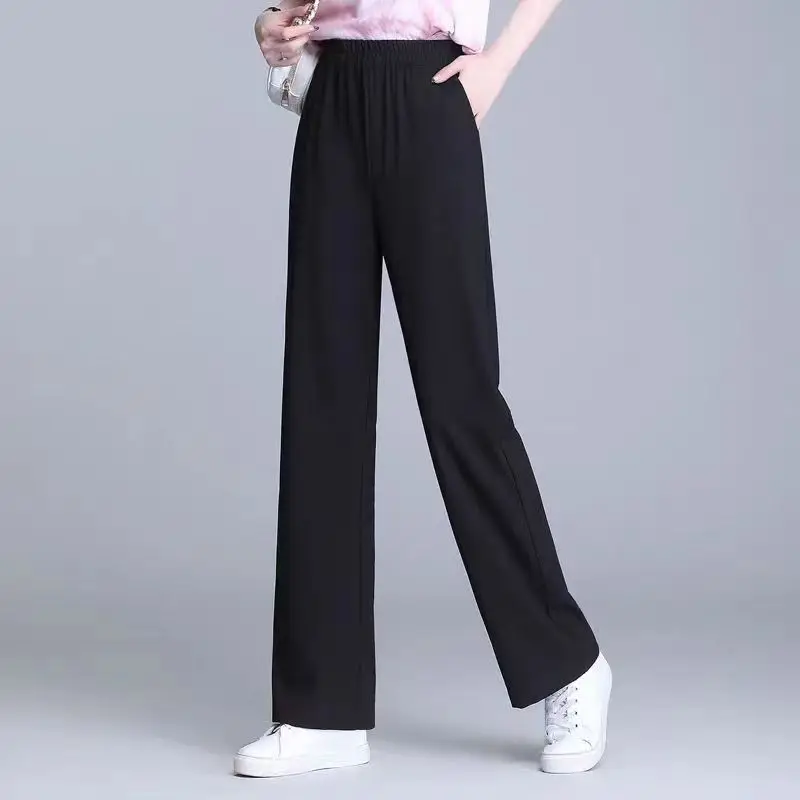 Simplicity Fashion Autumn New Pants Women Solid Elastic High Waist Pockets Temperamen Casual Loose Straight Wide Leg Trousers