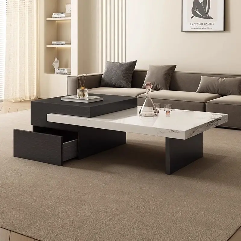 # Minimalist Chic Coffee Table: Sintered Stone Top + Wooden Storage Cabinet Creative Layered Black-White Contrast Design
