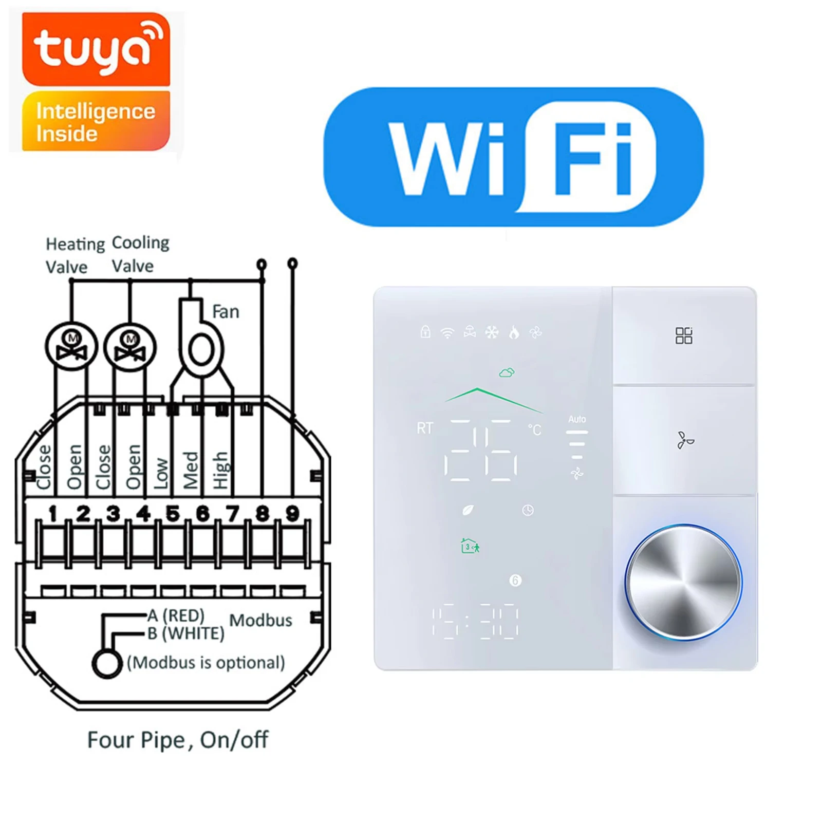 Zigbee/Wifi/RS485 Klimaatthermostaat voor Fan Coil Units, 2/4-Buis Verwarming/Koeling Temperatuurregelaar, Compatibel met Tuya Smart Life,Ondersteunt Alexa Google Home Assistant, kan Honeywell,