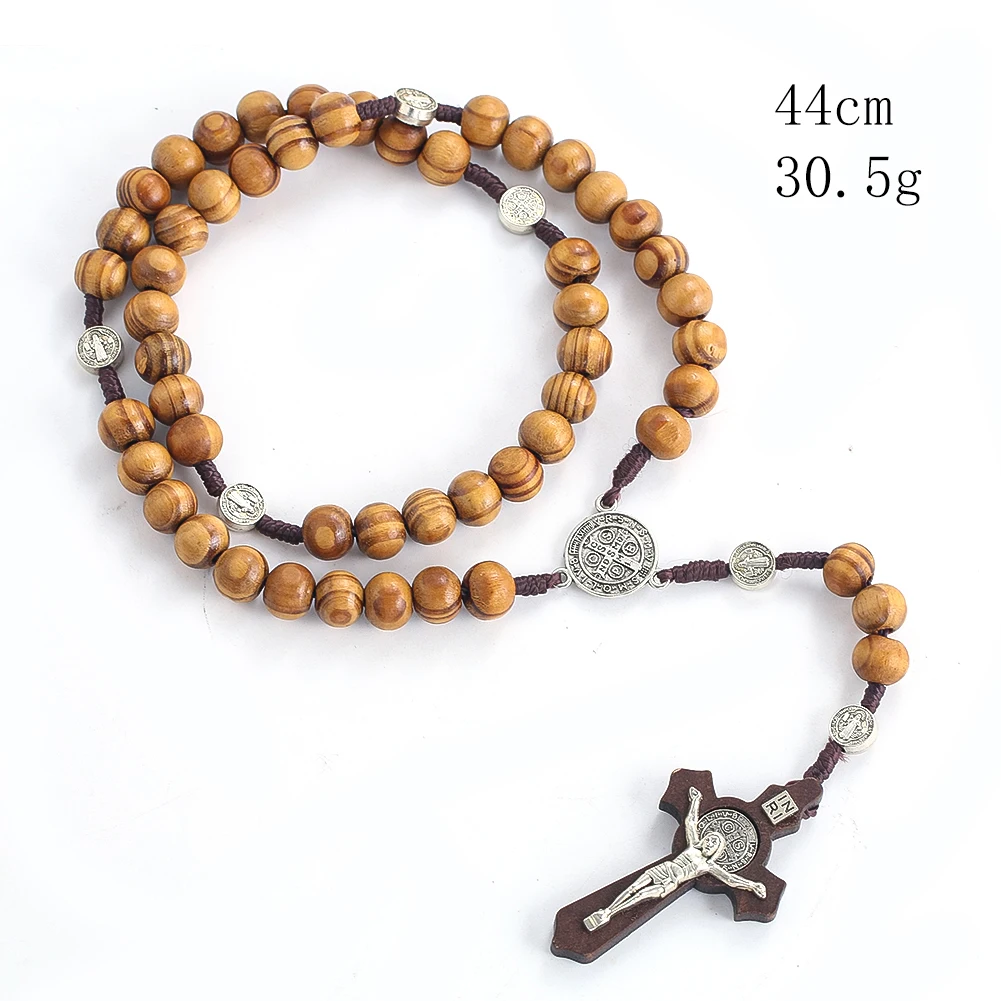 1PC Cross Pendant Necklace Round Wooden Beads Beaded Sweater Chain Fashion Ladies Necklace Statement Jewelry Party Gift