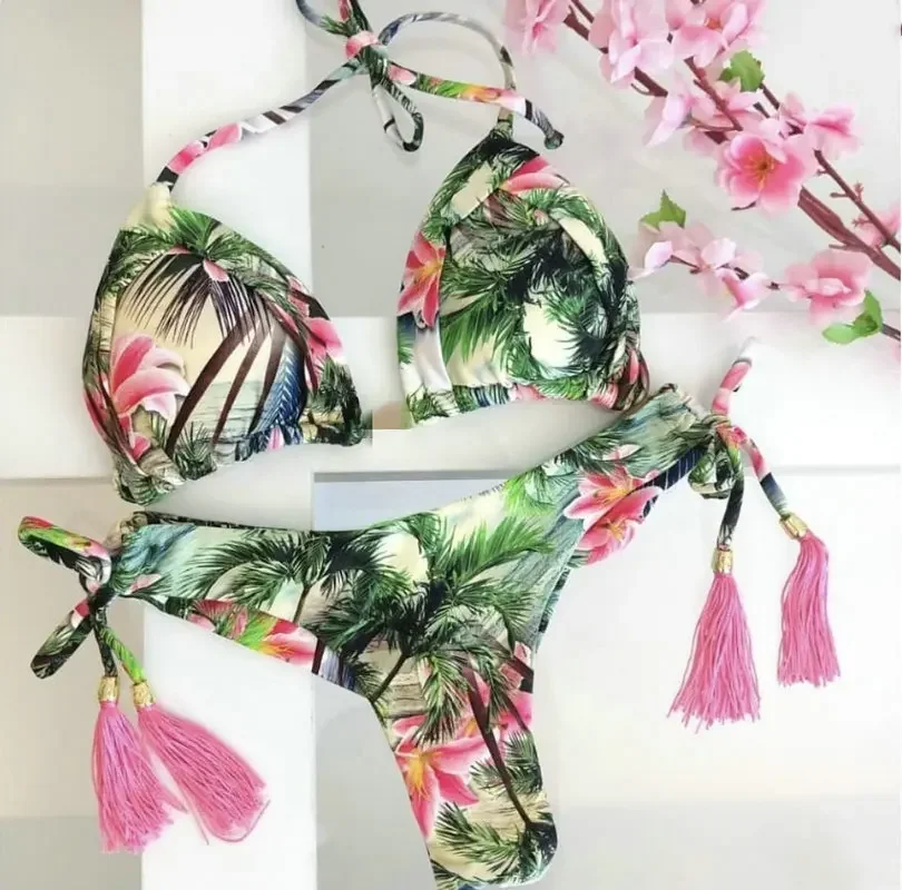 Sexy Floral Print Swimsuit 2 Pieces Swimear Women Micro Bikini Thong Swimming Suit 2020 Bathing Suit String Bikini Padded