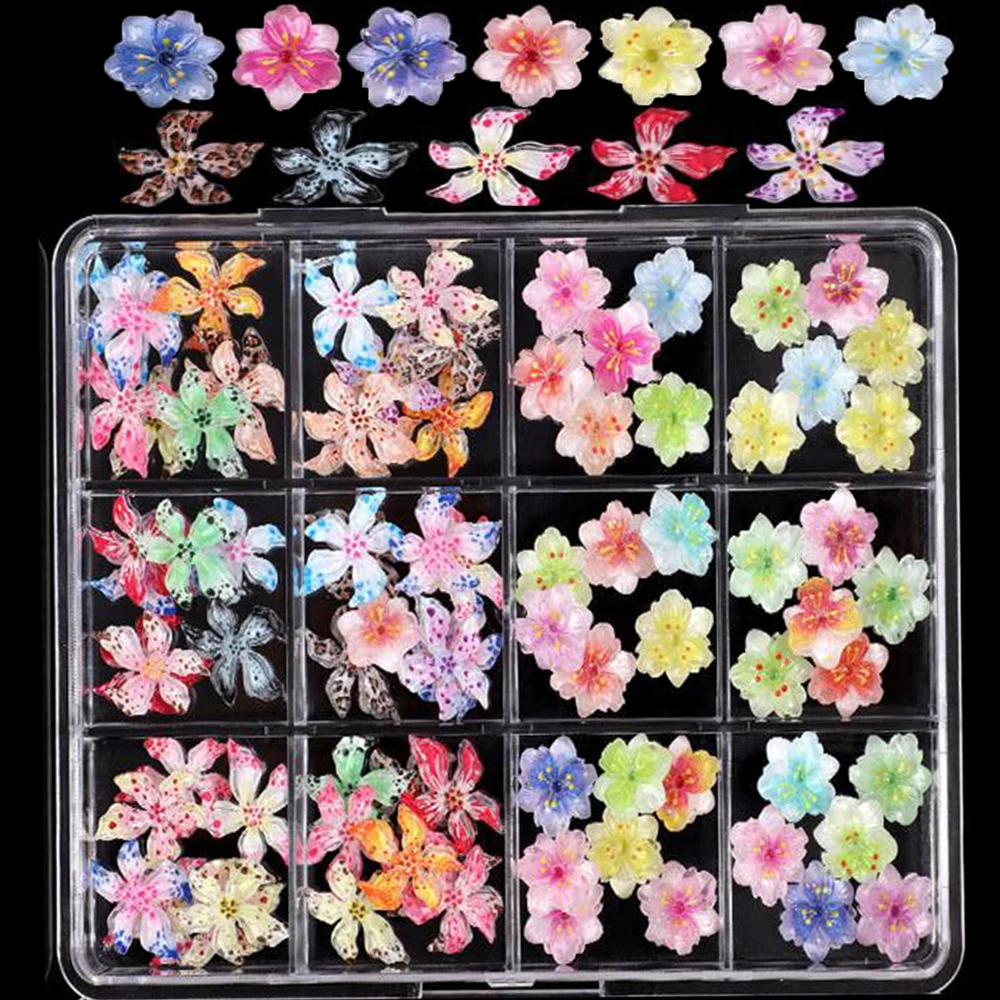 12Grids 3D Mixed Lily Flower Cherry Blossom Nail Charms Multicolor Resin Spotted Floral Sakura Nail Decoration DIY Nails Supplie