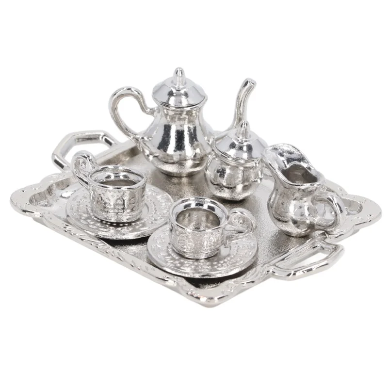 

Mini Tea Set Metal 1/12 Scaled Simulation Lifelike Miniature Tea Cup Tray Kit For Dollhouse