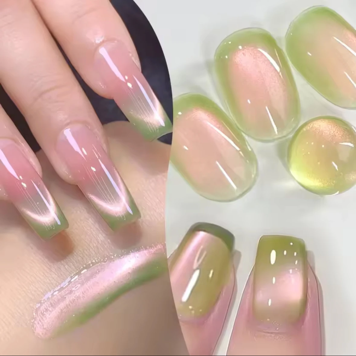12ML 2025 Nuevo Esmalte de uñas en gel Guava Cat Eye - Sombra verde uva con efecto blanqueador, acabado de ojo de gato con cuentas de vidrio de doble luz