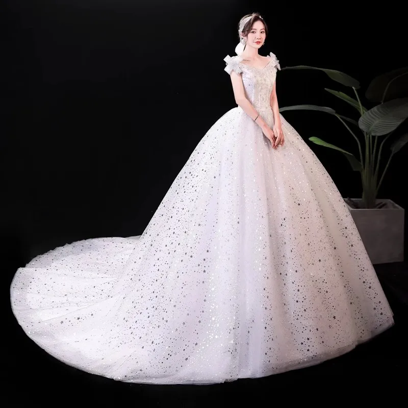 It's Yiiya Wedding Dresses White Bling Tulle Sleeveless Bow Lace up Trailing Floor-length Plus size Princess Bride Gowns XN052