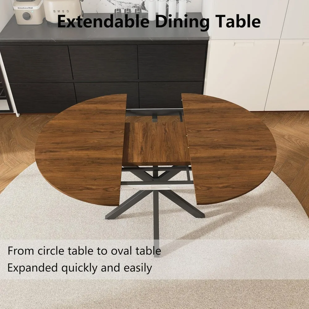 expandable round dining table for 4-6, modern kitchen oval table with removable leaf for space-saving