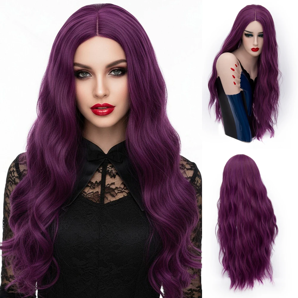 

Термостойкий длинный волнистый парик со средней частью, фиолетовый женский синтетический естественный вид для косплея на Хэллоуин и повседневный гламурный вид