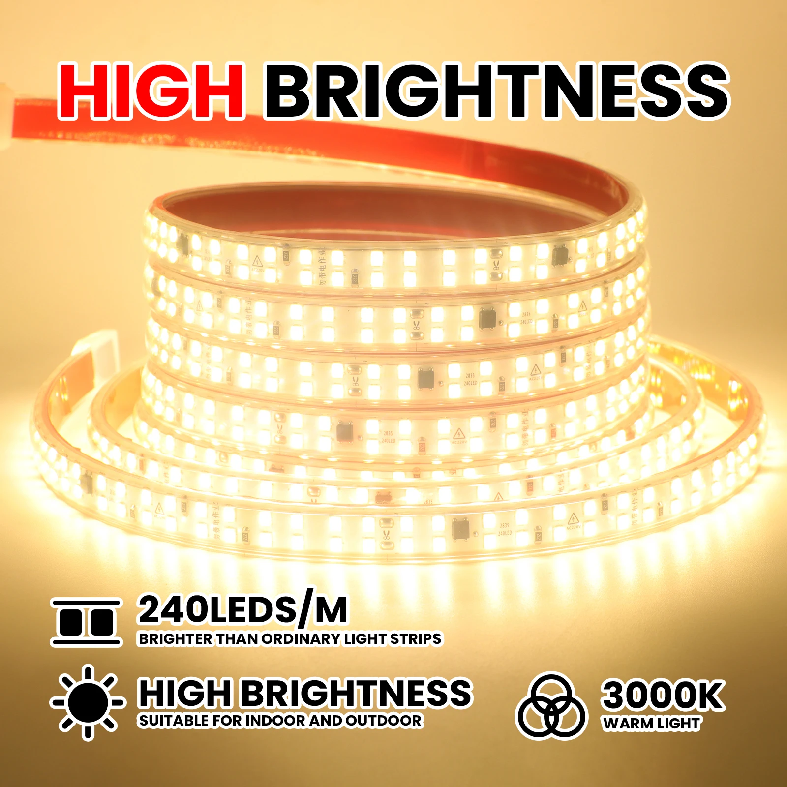 240LED/m LED Strip Lights 220V Adhesive LED Lighting Strip  10cm Cuttable Soft Lamp Bar 2835 Tape Outdoor Garden Lights