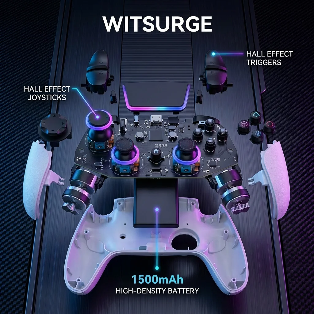 

Беспроводной геймпад WITSURGE для PS5 с джойстиком на датчиках Холла, RGB-подсветкой, 6-осевым гироскопом и двойной вибрацией для PlayStation 5 и ПК