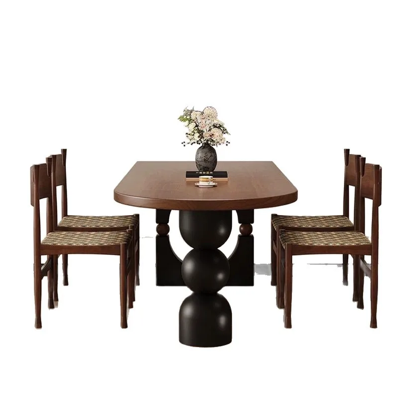 

New French retro solid wood dining table oval household small apartment black antique living room integrated dining table desk