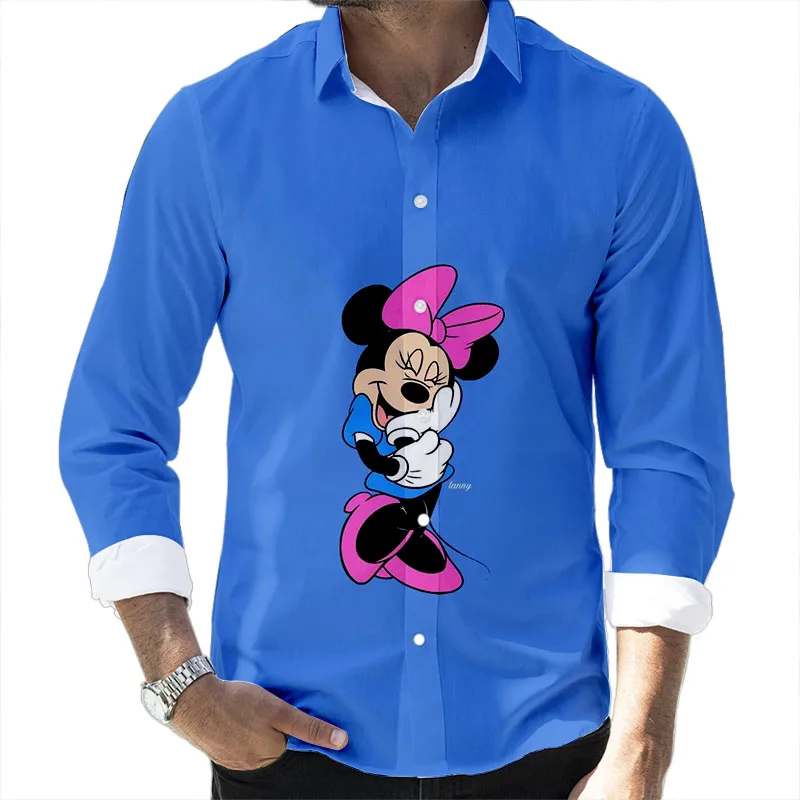 Fall 2024 New Disney Stitch and Mickey Collection Branded Cartoon Casual 3D Printed Long Sleeve Lapel Shirt Slim Fit Men's Top