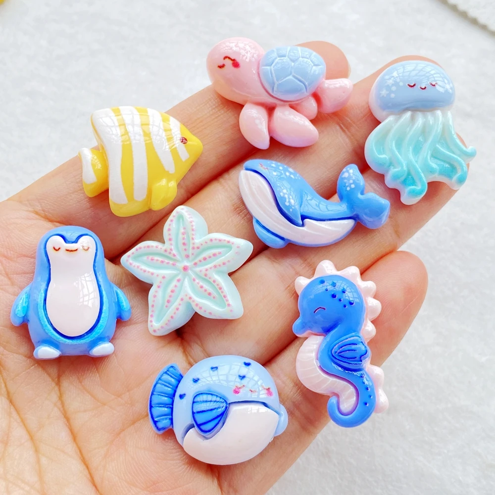 10 Uds. De pingüinos de dibujos animados de resina colorida, ballenas, tortugas, estrellas de mar, estatuilla de pez pequeño, álbum de recortes con parte posterior plana, manualidades decorativas