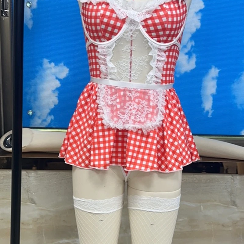 

Женское клетчатое нижнее белье, милое платье-боди без рукавов с v-образным вырезом и рюшами, стринги и чулки, одежда для сна