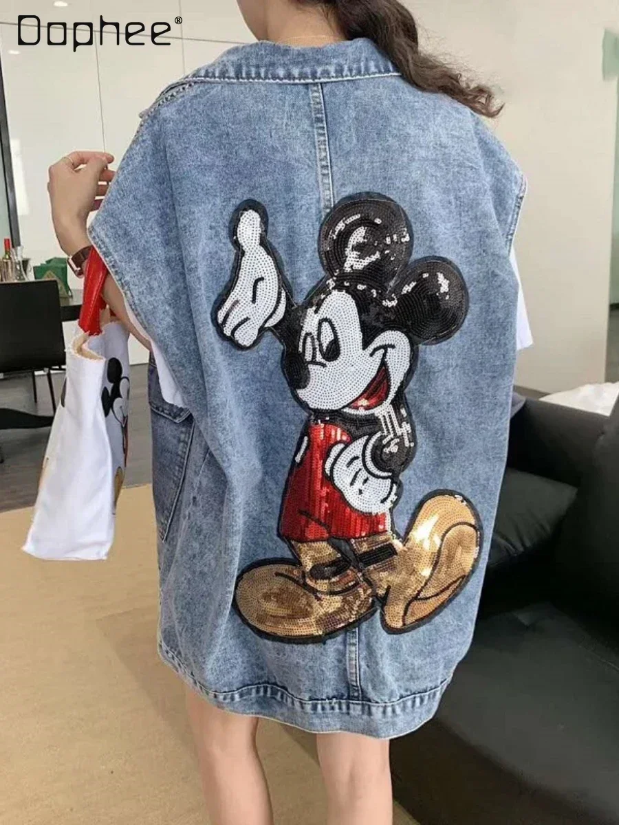 Large Pocket Casual Denim Vest Women's Spring and Autumn Loose Cartoon All-Match Sequins Workwear Sleeveless Lapel Vest Coat