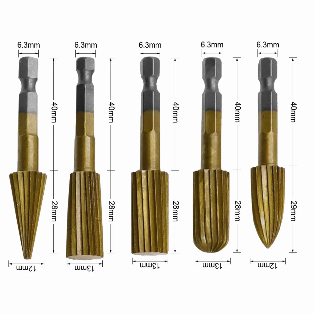 5PCS Woodworking Rotary File 6.35mm Hex Handle High-Speed Steel Special-Shaped File Wood Carving Jade Electric Polishing Head