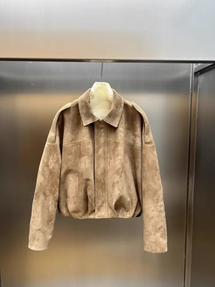 Echtes Leder Wildleder Dame Jacke Batwing Hülse Oberbekleidung Turndown Kragen Schaffell Kurze Jacken Herbst Luxus Lose Fit Mantel