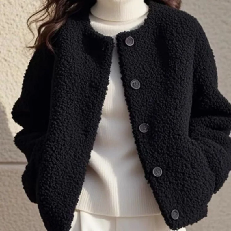 Lamb Plush Short Coat Women's Spring, Autumn and Winter New Fashion Warm Casual Black Granular Plush Top