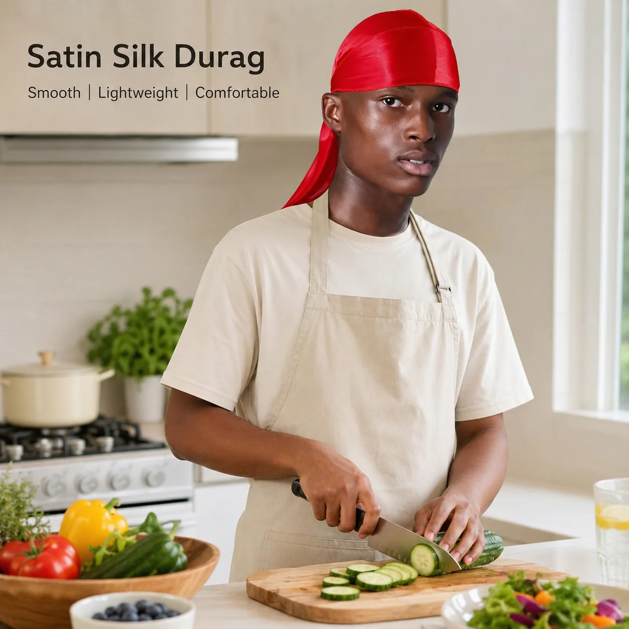 

Solid Color Silk Satin Durag Soft Long Tails Turban Waves Headwrap Hat for Men Hair Accessory