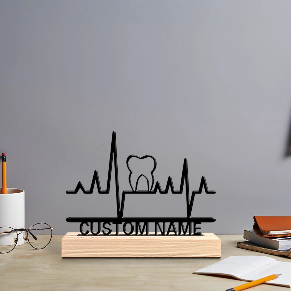 1pc Interesting Desktop Metal Statues Customizable Content With Wooden Base Desktop Decoration That Does Not Require Assembly