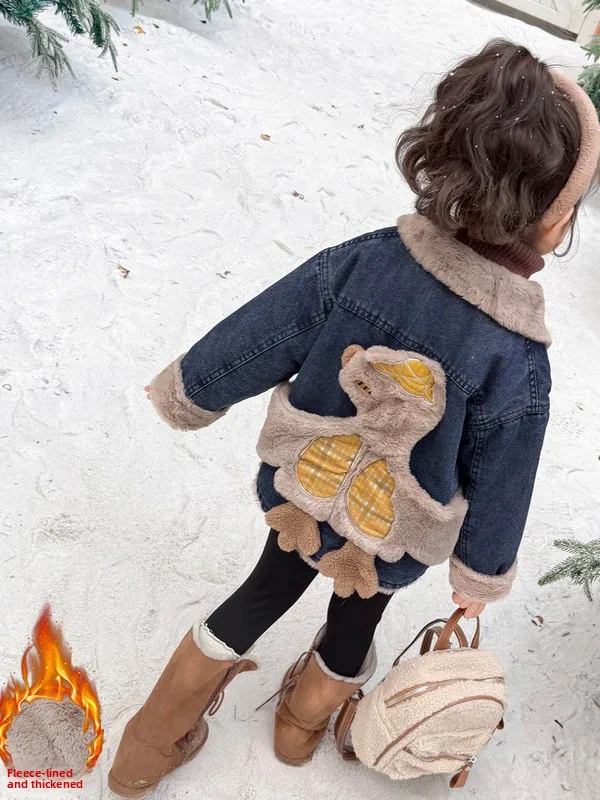 

Girls Winter Casual Faionable Fce Lined Denim Jaet Turn-down Collar Big Goose Cartoon Pattern Thiened Long Sve Co...
