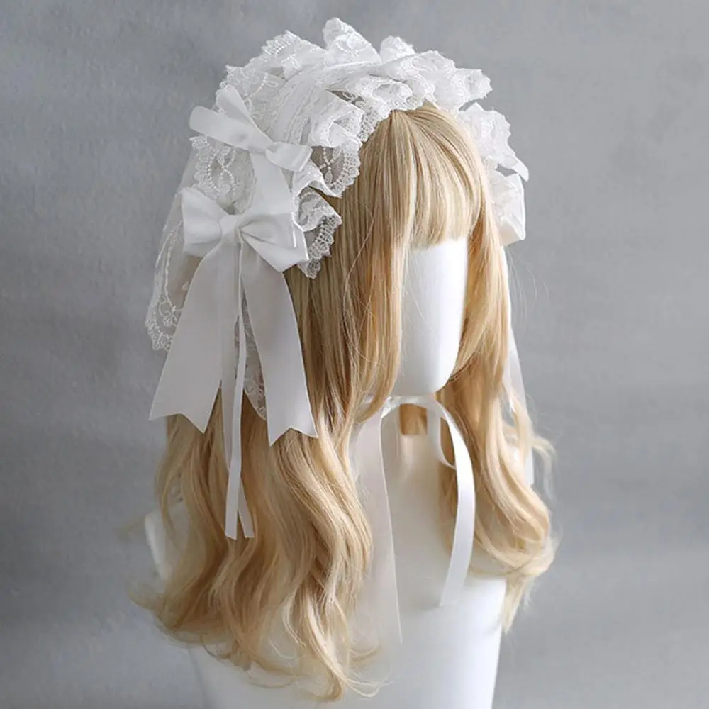 

Lolita Ruffled Headband Sweet Embroidery Lace Ribbon Bow Hairband Anime Maid Cosplay Headdress Gothic Dark Angel Hair Accessory