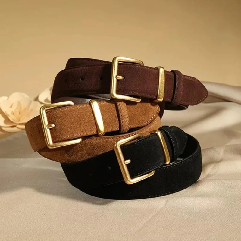 حزام جلد البقر الفاخر من جلد الغزال للنساء طراز عتيق مع مشبك ذهبي حزام عريض 3.3 سنتيمتر للفساتين وأحزمة الجينز