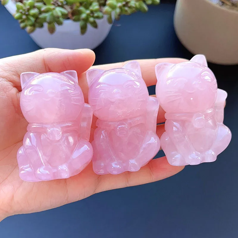 

Natural Rose Quartz Fortune Cat Carving Reiki Healing Fengshui Stone Gift Home office Decoration Giftd 1PCS