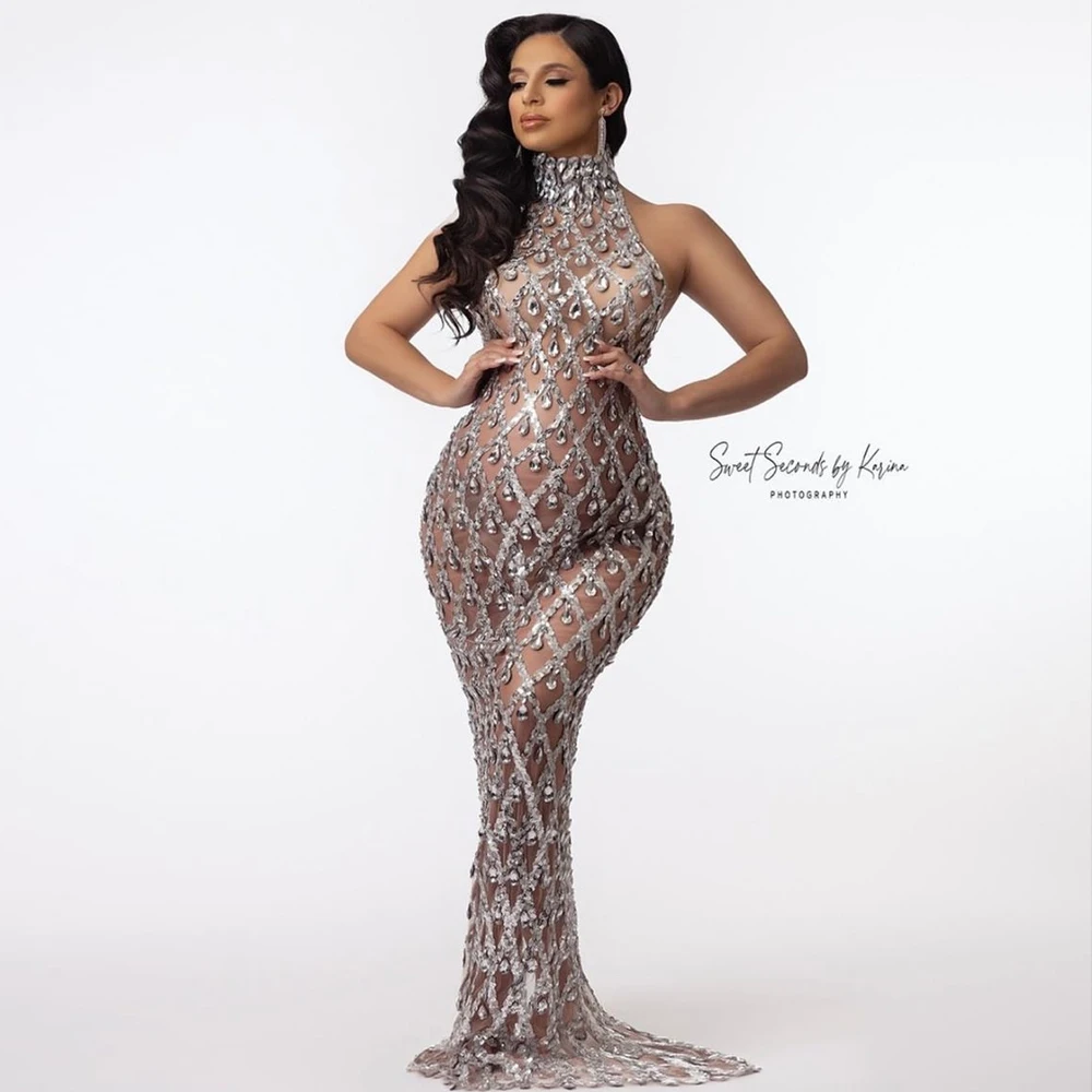 Sexy Shiny Rhinestone Long Dress For Maternity Photography Crystals Stretchy Tulle Maternity Photo Shoot Dress