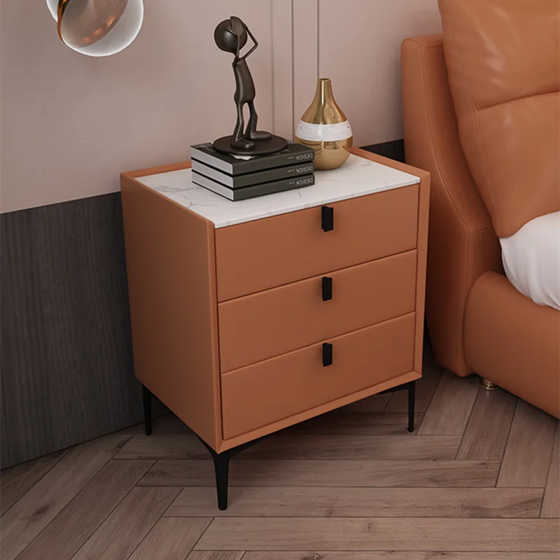 Modern Style Faux Leather Bedside Tables Solid Wood Bedroom Nightstands with 3 Drawers Rock Surface Side Cabinet