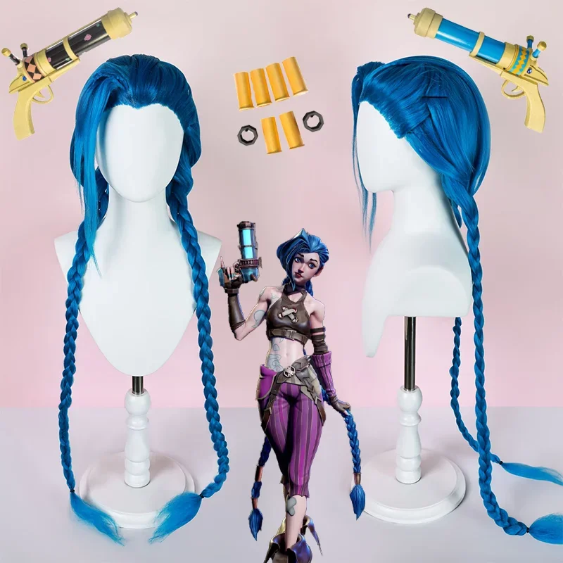 Game LOL Jinx Wig Cosplay Blue Double Ponytail Long Braid Hair Resistant Synthetic Halloween Party Role Play Prop Gun Accessory