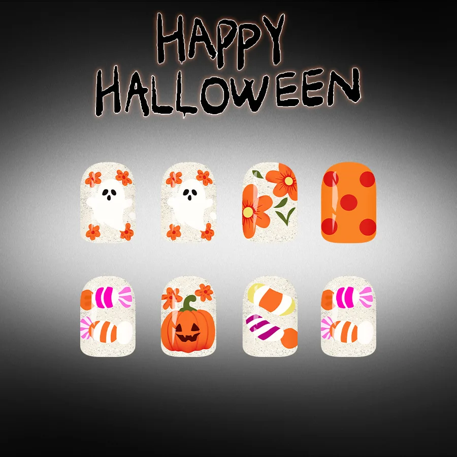 Halloween Orange Pumpkin Flower Polka Dot Press On Nails 24Pcs Glossy Square Tips Reusable False Nails for Women Girls Party