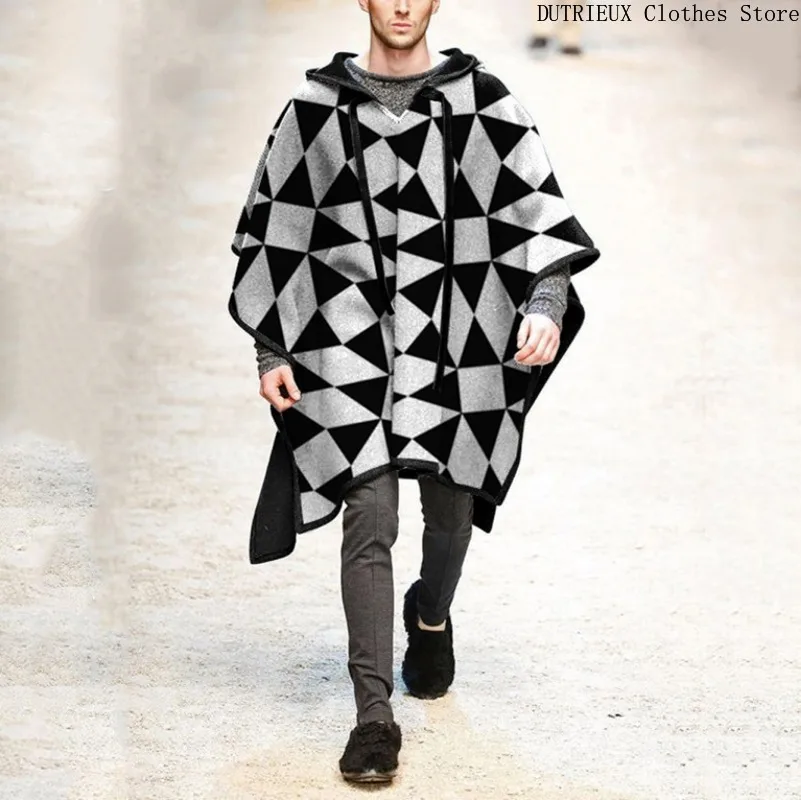 Hooded Mantle Woolen Coat, Autumn and Winter New Men's Woolen Cape Shawl Coat, Loose Oversized Men's Coat Trench Coat Jacket