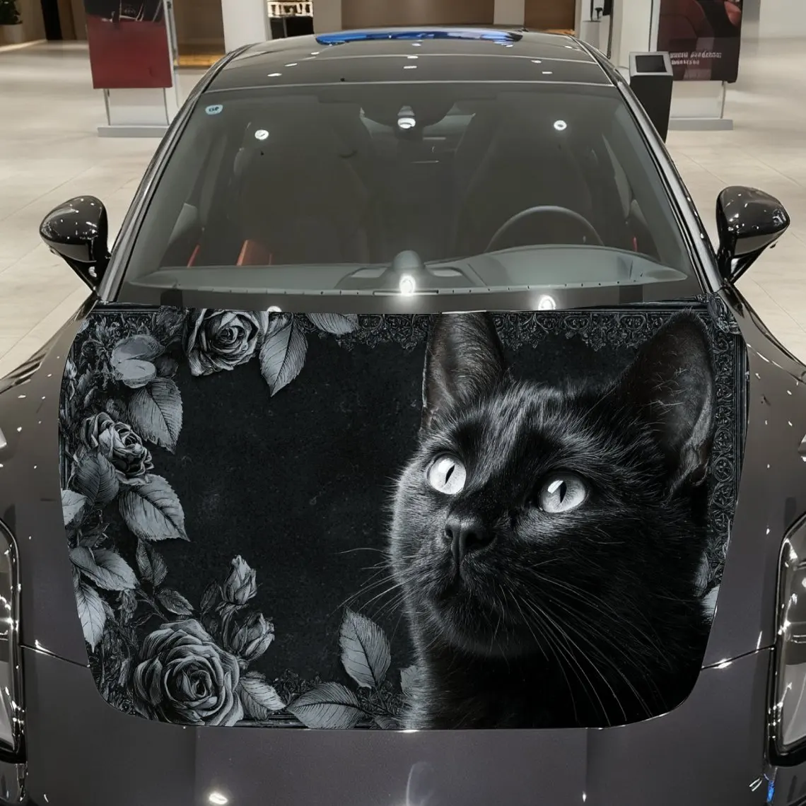 

Gothic Floral Frame Cat Car Vinyl Wrap, PVC Material Waterproof Car Hood Sticker, Self-Adhesive Scratch-Resistant Stickers for E