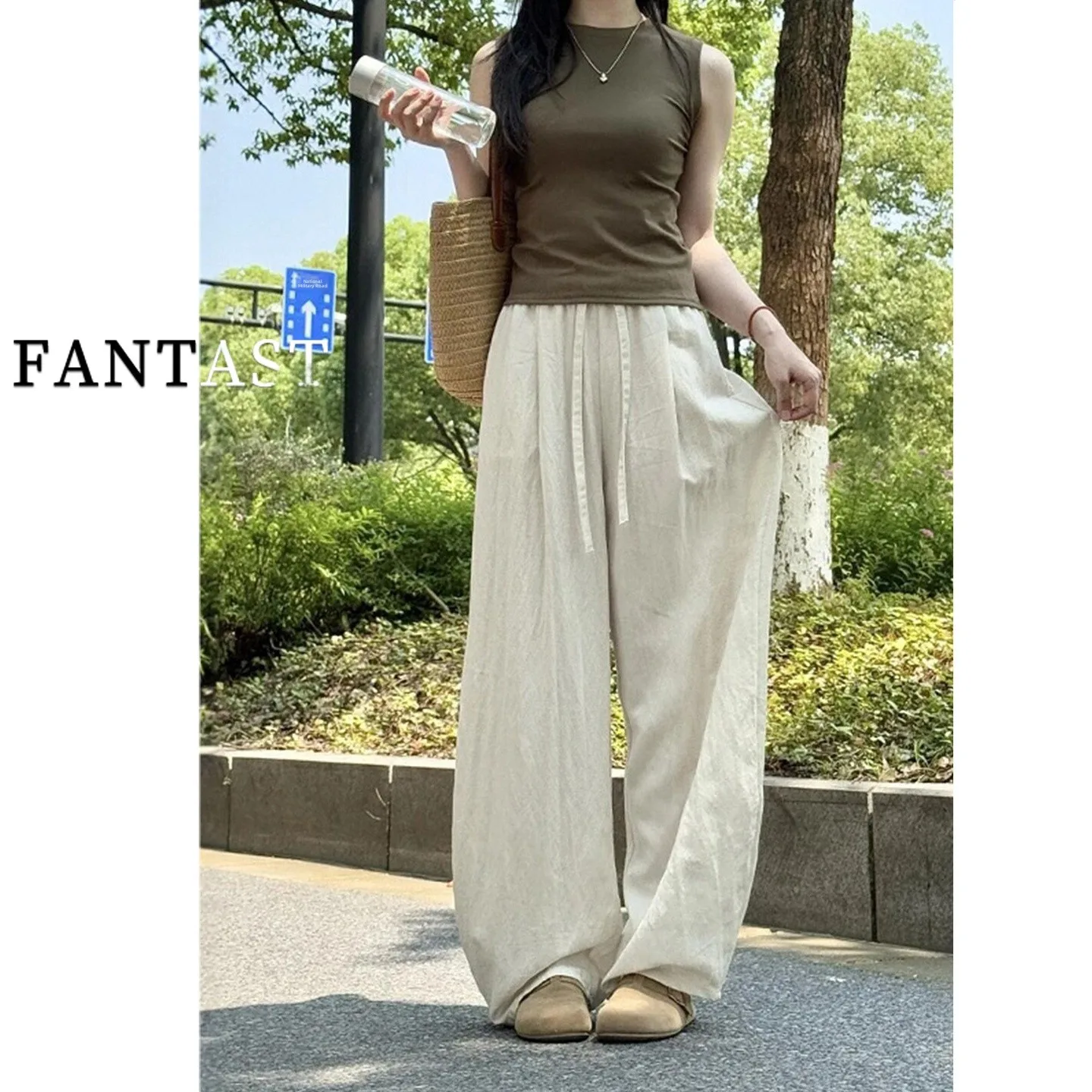 Lightweight Summer  Linen Casual Pants Women High Waist Wide Leg Pants Slimming Ice Silk Loose Fit Commute Style