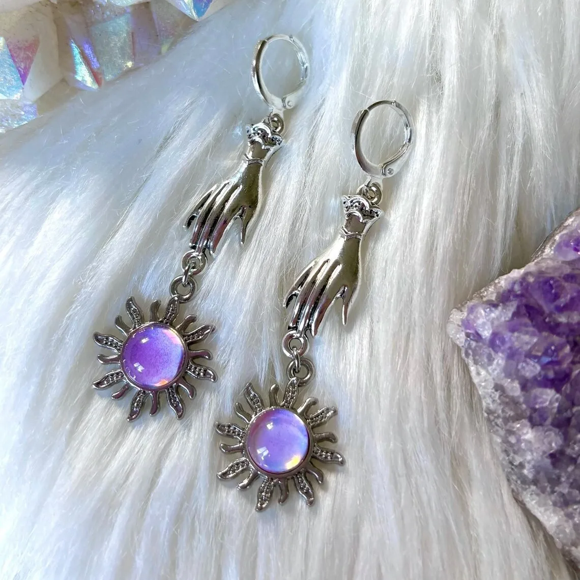 

Holy Hand Sun Earring,Vintage Jewelry,Purple Stones,Witch Accessories,Magic,Mystery,Pagan,Silver Color,Gothic,Ear Ring for Women