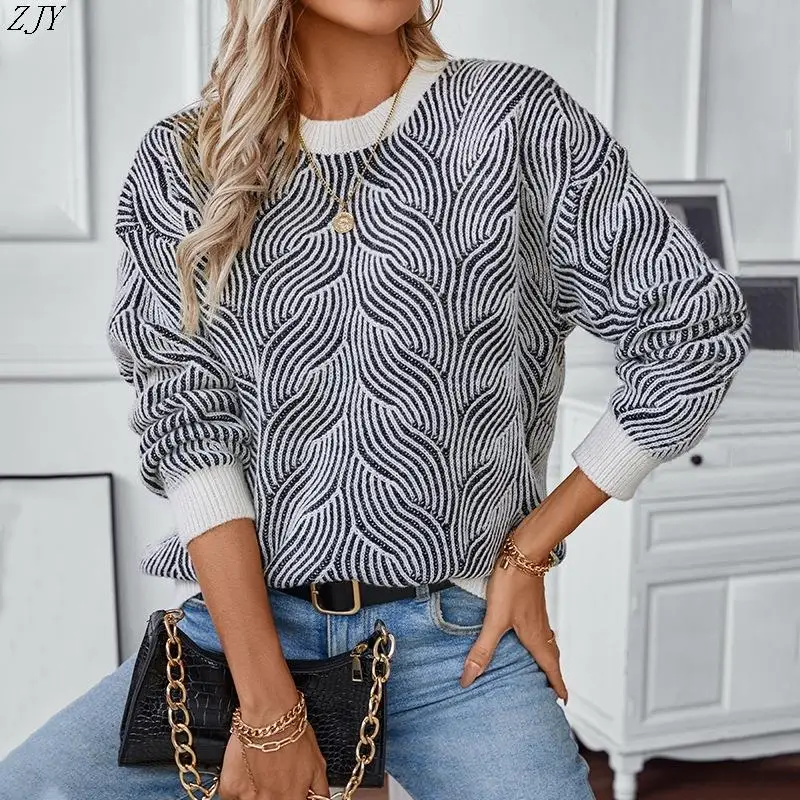 Damski sweter retro z dzianiny, luźny krój, długi rękaw, okrągły dekolt, włókno poliestrowe, jesień, moda, do pracy, Sle Z24056