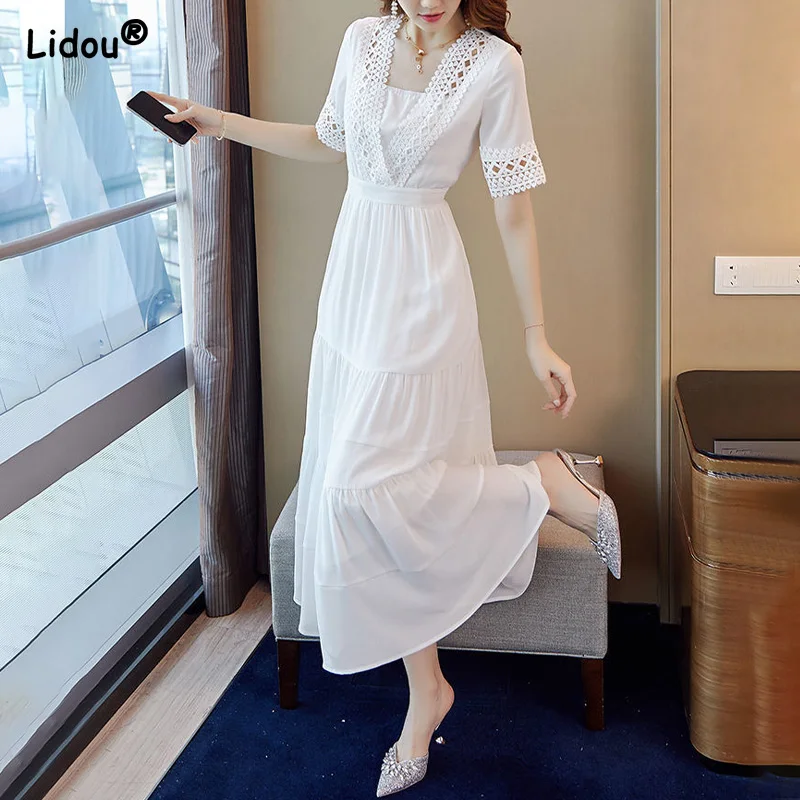 

Elegant Casual White V-neck Short Sleeve Hollow Out Empire Dress Pullover Summer New A-LINE Solid Color Women's Clothing 2022