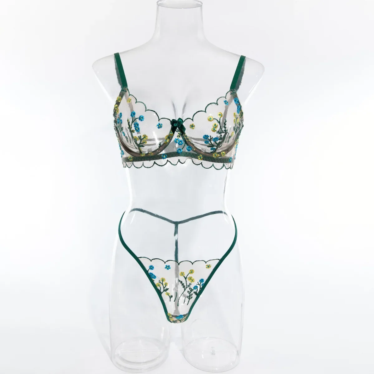 Sexy Ultra-Thin Single Layer Lingerie Set Women Floral Embroidery Sweet Underwear Female Transparent Steel Ring Comfortable Bra