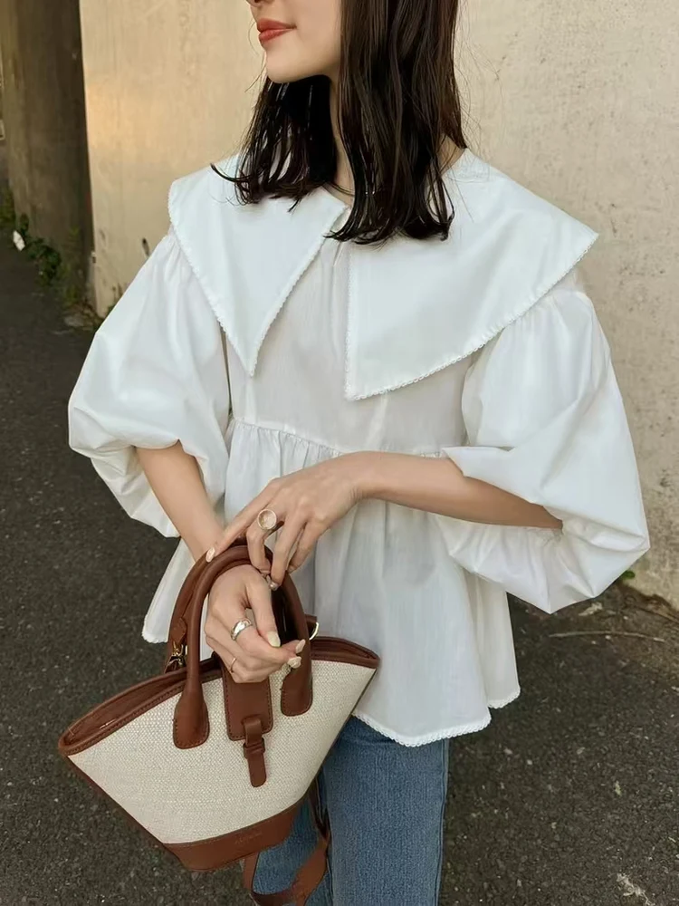 

Gagarich Japanese Style Blouse 2025 Summer New Large Collar Crafted Lace Bubble Sleeve Shirt Top Women