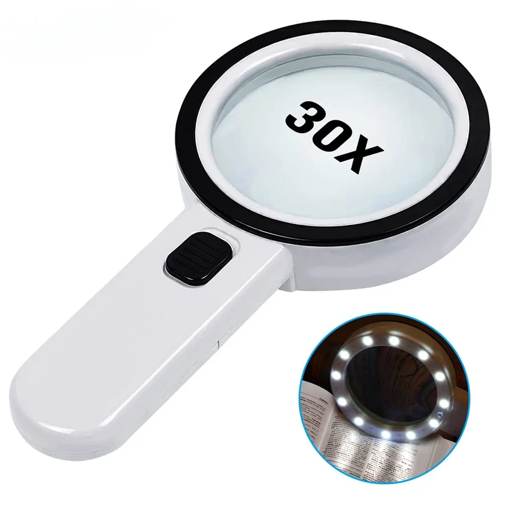 30X Handheld Magnifier 12 LED Illuminated Magnifying Glass with Light for Seniors Reading Inspection Coins Jewelry Watch Repair