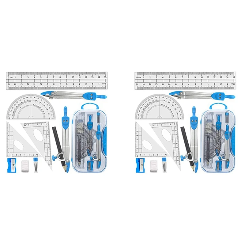 Geometry Compass Set 20Pcs School Maths Protractor Set Rulers For Student Maths And Engineering In Carry Case, Blue